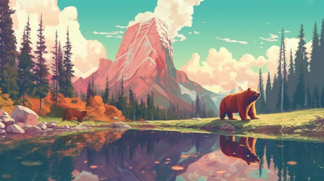 Brown bears by a Lake Pastel Wallpaper