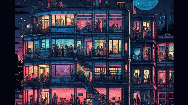 Busy Apartment Window Scene Lofi Background