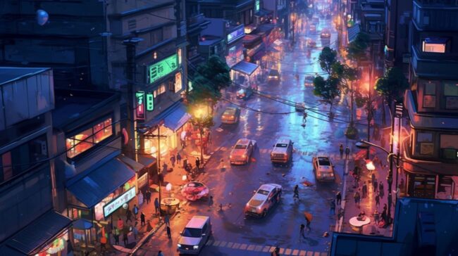 Busy City Street at Night Lofi Background