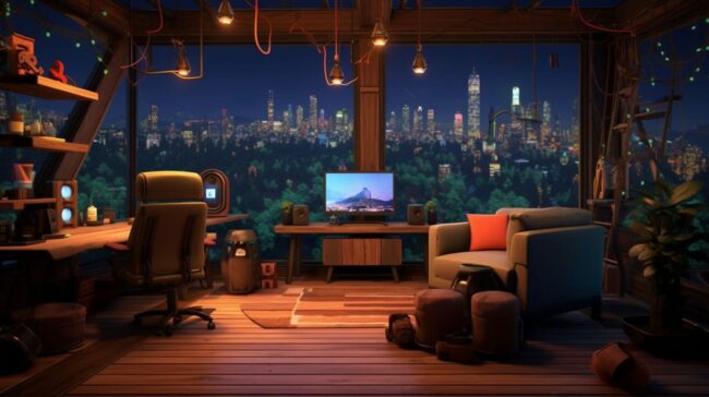 Cabin with City View Lofi Wallpaper