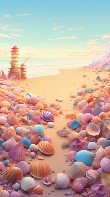 Cartoon Sunny Beach with Pastel Shells Beach Background