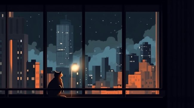 Cat Looking Out of Window at City Lofi Background