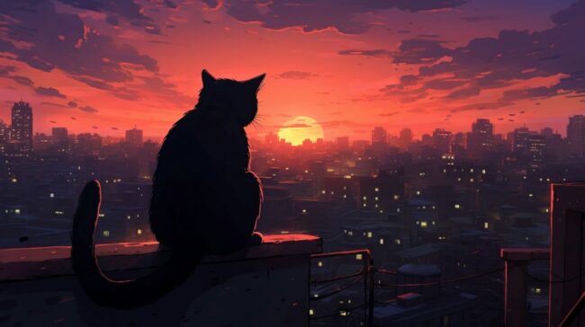 Cat Silhouette overlooking City Lofi Background