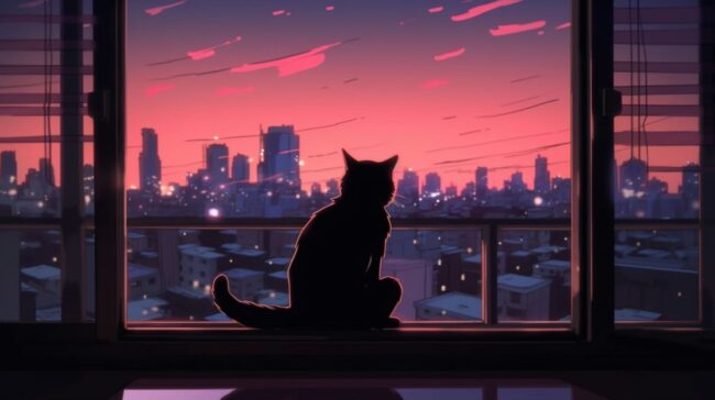 Cat at the Window Dusk Lofi Wallpaper