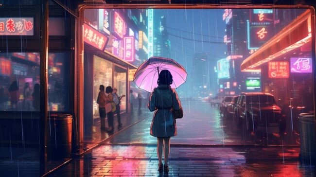 City Lights Girl in the Rain Lofi Background Wallpaper