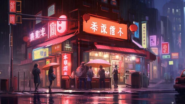 City Shop in the Rain Lofi Background