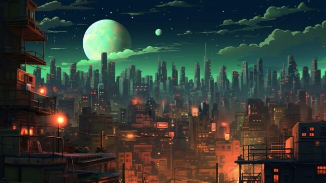 City Sky Scrapers at Night Lofi Background Wallpaper