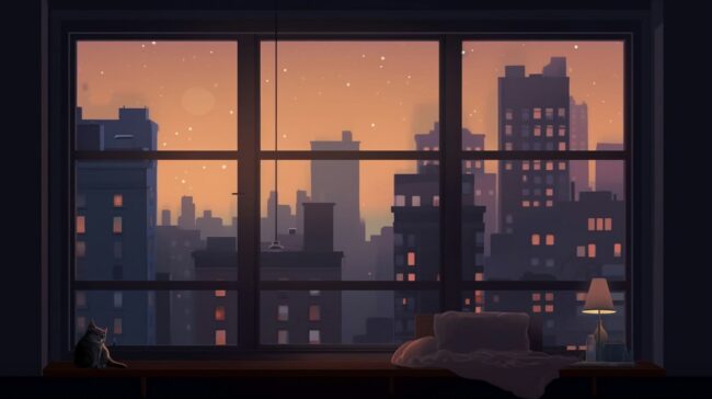City View from Bedroom at Dusk Lofi Background