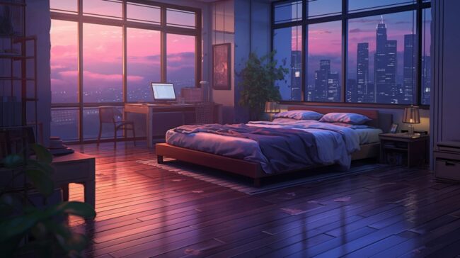 Cool Empty Bedroom with City View Lofi Background