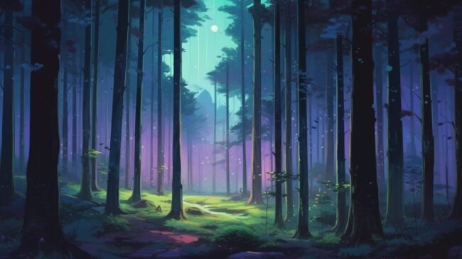 Cool Forest Night Scene Lofi Wallpaper