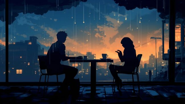 Couple Drinking Coffee in the Rain Lofi Background