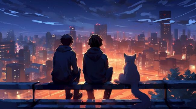 Couple and Cat Looking at City Lofi Background