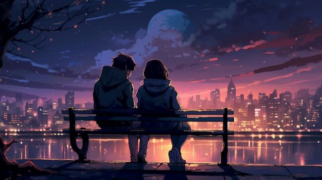 Couple on Bench City Light Lofi Background