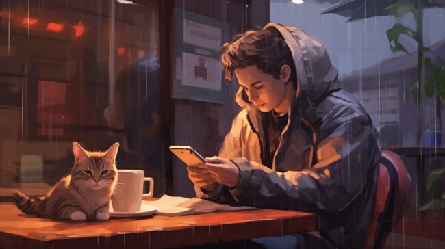 Cute Boy and Cat Drinking Coffee in Rain Lofi Wallpaper