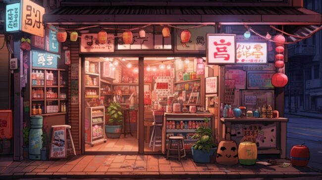 Cute Corner Shop at Night Lofi Wallpaper Desktop