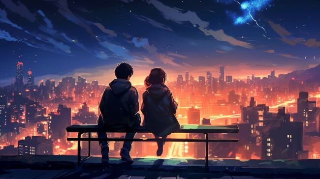 Cute Couple Looking at City Lights Lofi Background