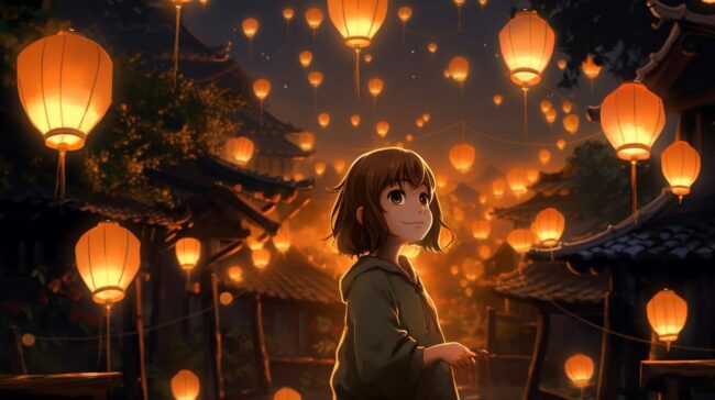 Cute Girl Surrounded by Glowing Lanters Lofi Wallpaper