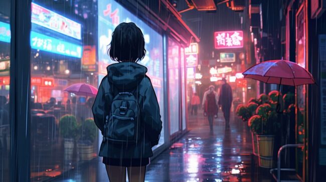 Cute Girl Walking in The Rain Lofi Background