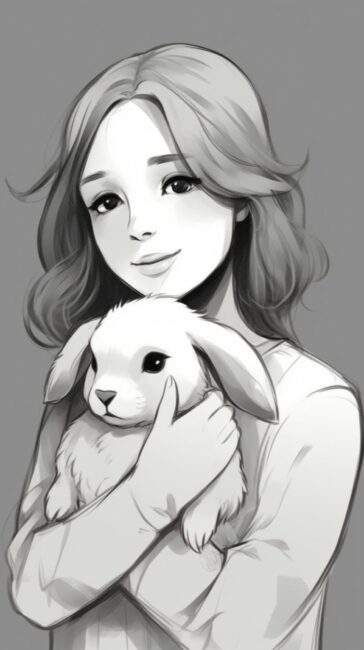 Cute Girl and Bunny Grey Background