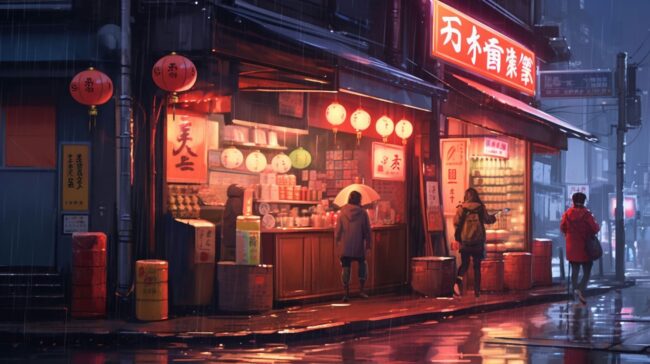 Cute Street Stall Scene in the Rain Lofi Wallpaper