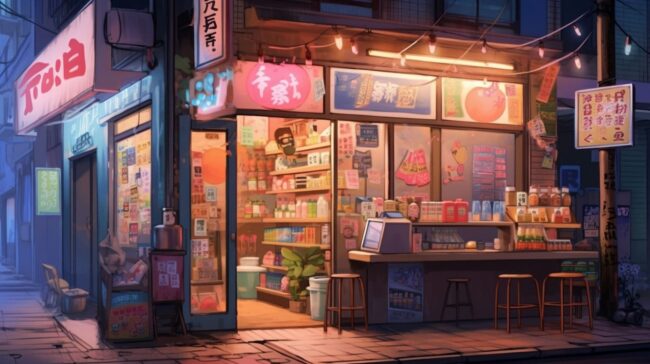 External Corner Shop Scene Lofi Wallpaper