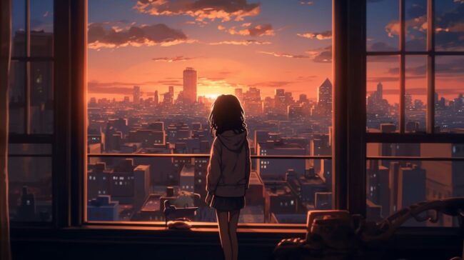 Girl Looking at City Lofi Wallpaper
