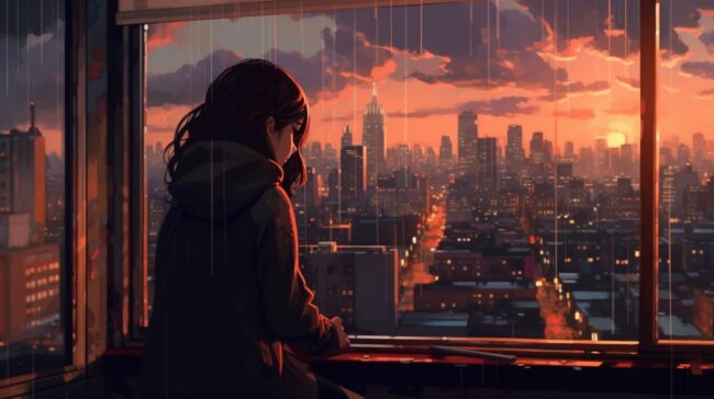 Girl Looking over Vast City Lofi Wallpaper