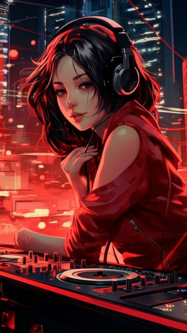 Girl Playing Music Red Background