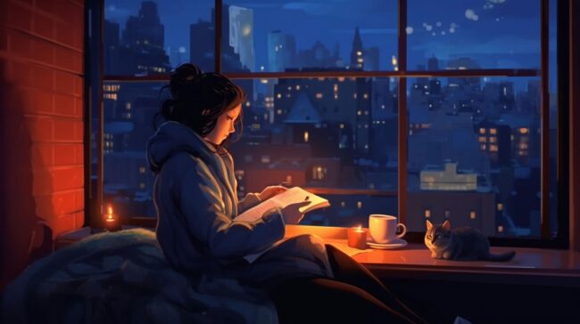 Girl Reading a Book by Candle Light Lofi Background