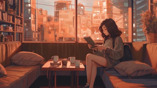 Girl Reading in Aesthetic Coffee Shop Lofi Background