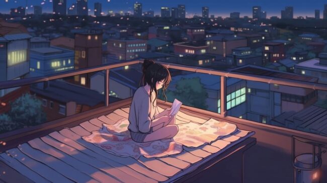 Girl Reading on Roof Top Lofi Background