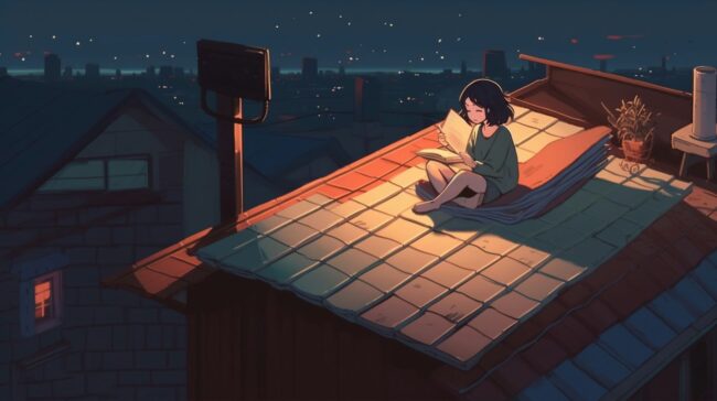 Girl Relaxing on Roof Lofi Background