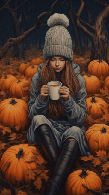 Girl Sitting on Pumpkins Fall Background