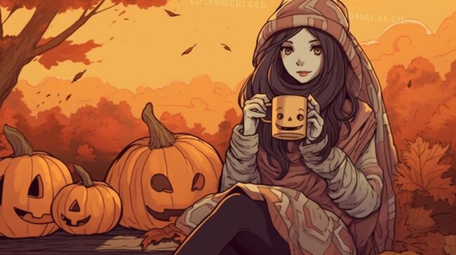 Girl Sitting with Pumpkins Fall Background