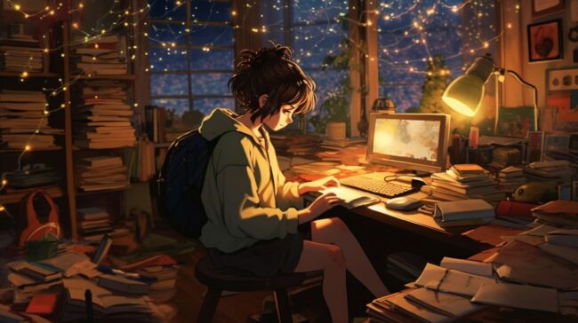 Girl Studing in a Messy Room Lofi Background