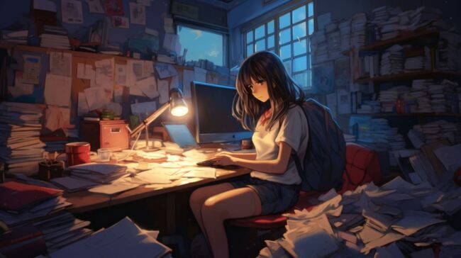 Girl Studing with Paper Everywhere Lofi Background