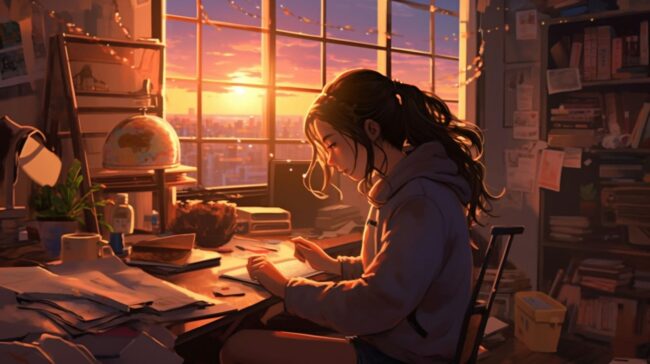 Girl Studying Golden Aesthetic Lofi Background