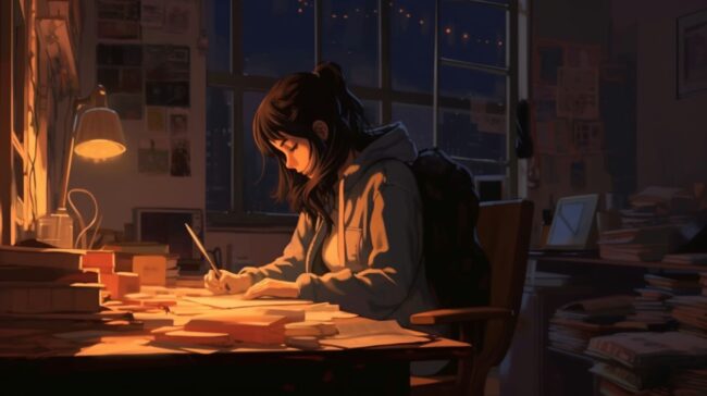 Girl Studying Late Lofi Wallpaper