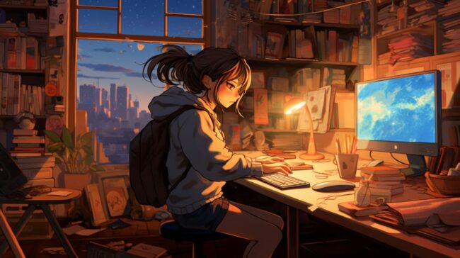 Girl Studying at Desk Lofi Background