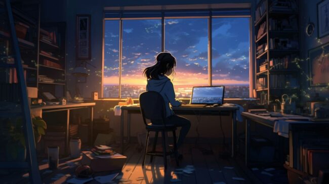 Girl Studying at Desk Lofi Wallpaper