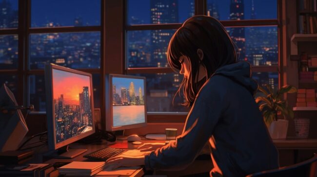 Girl Studying at Night Lofi Background