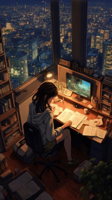 Girl Studying at Night Lofi Background iPhone