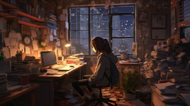Girl Studying in a messy room Lofi Background