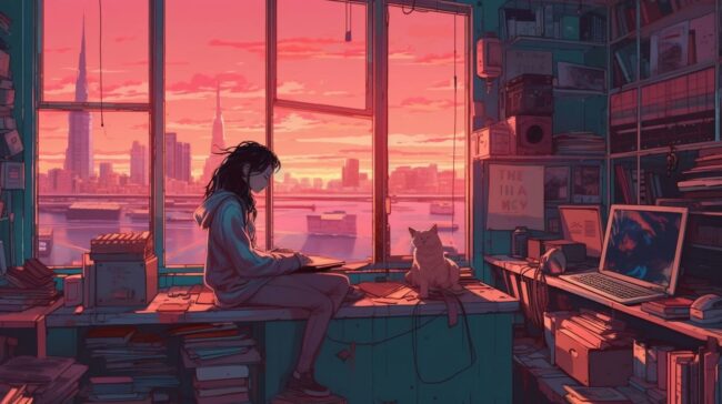 Girl Studying with City Skyline Lofi Background