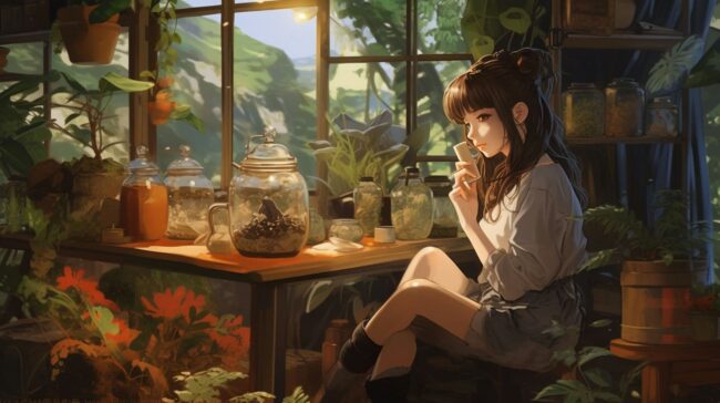 Girl Surrounded by Plants Lofi Background Desktop