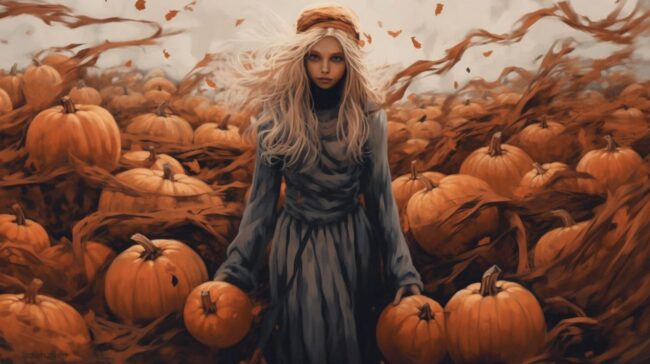 Girl Surrounded by Pumpkins Autumn Wallpaper