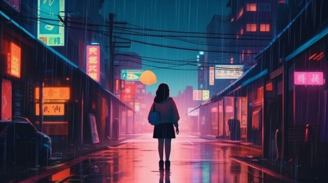 Girl Walking Down Rainy Street Lofi Wallpaper