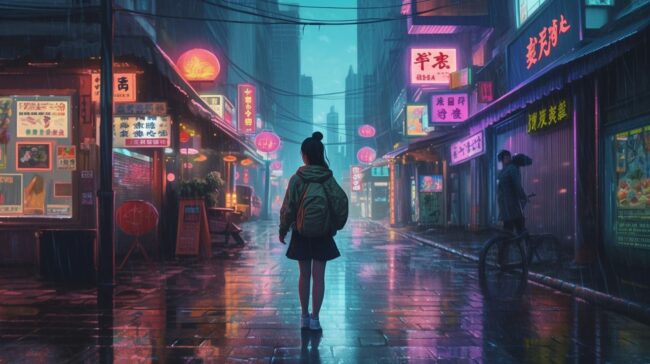 Girl Walking in Japan Streets Lofi Background