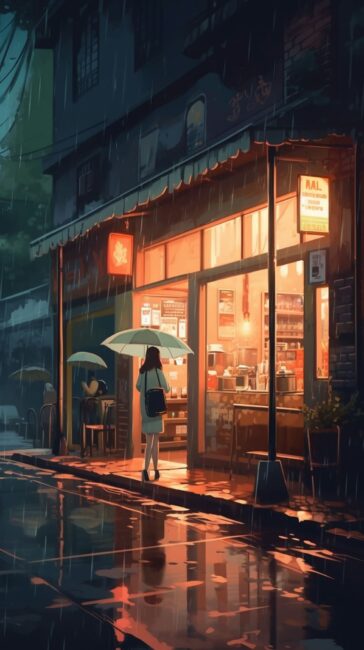 Girl Walking into Coffee Shop Lofi Wallpaper