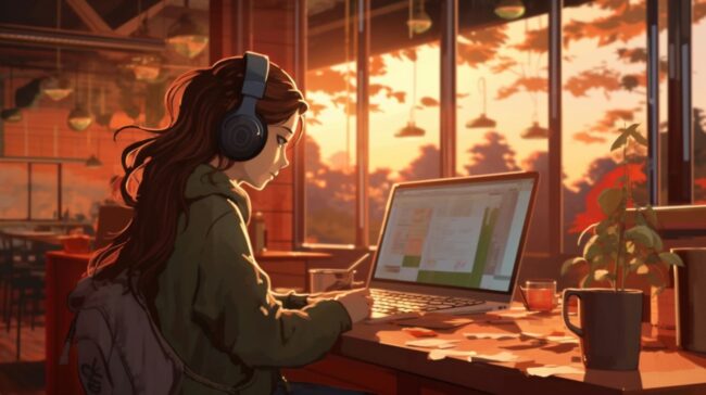 Girl Working at Computer Golden Light Lofi Background